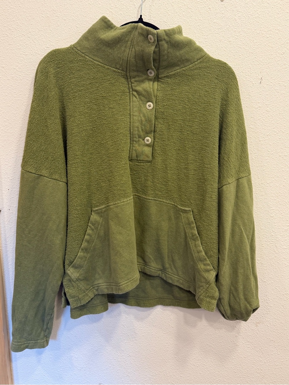 Button-Neck Olive Green Pullover Hoodie
